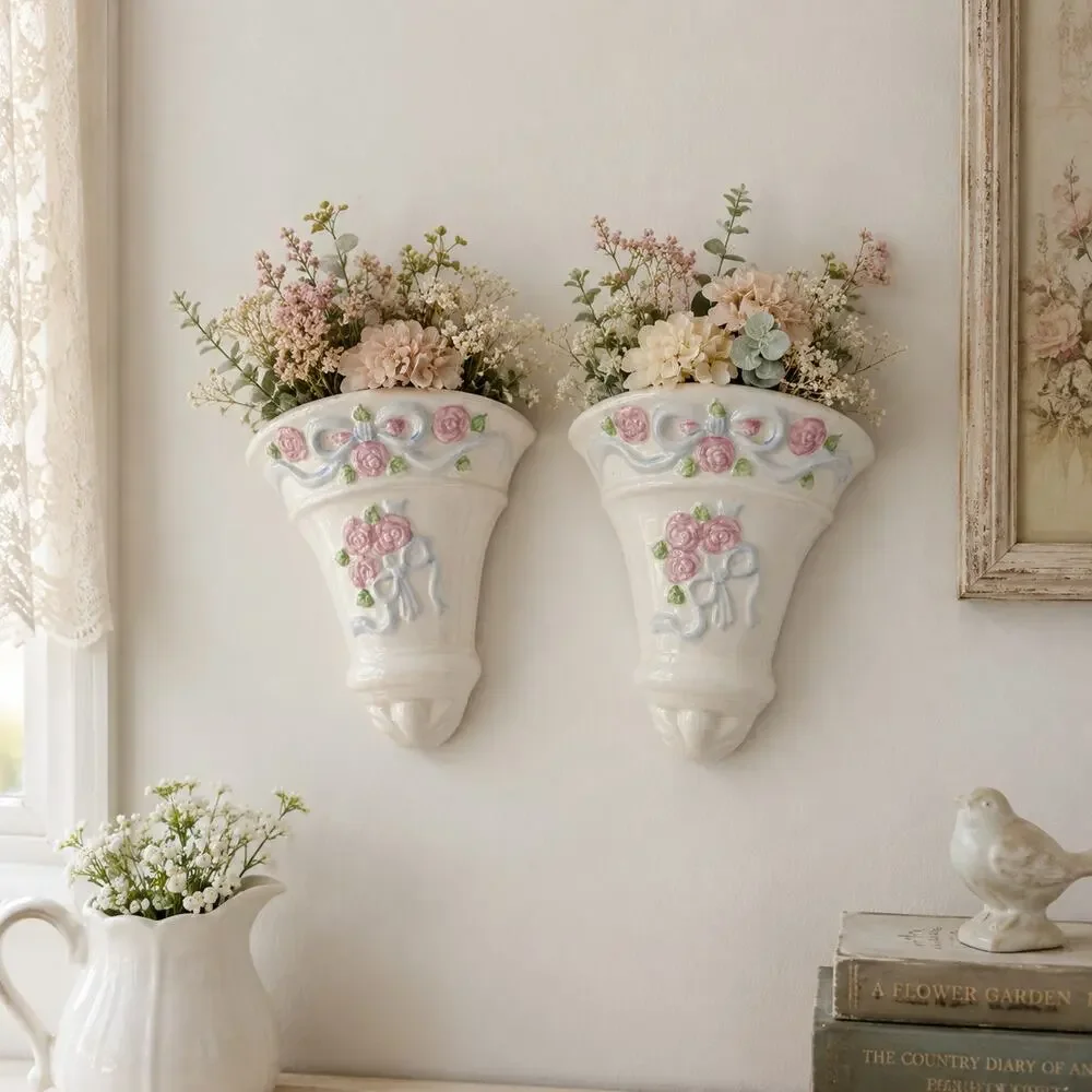 Pair Vintage Ceramic Wall Pocket Vases Pink Roses Blue Bows Cottage Decor